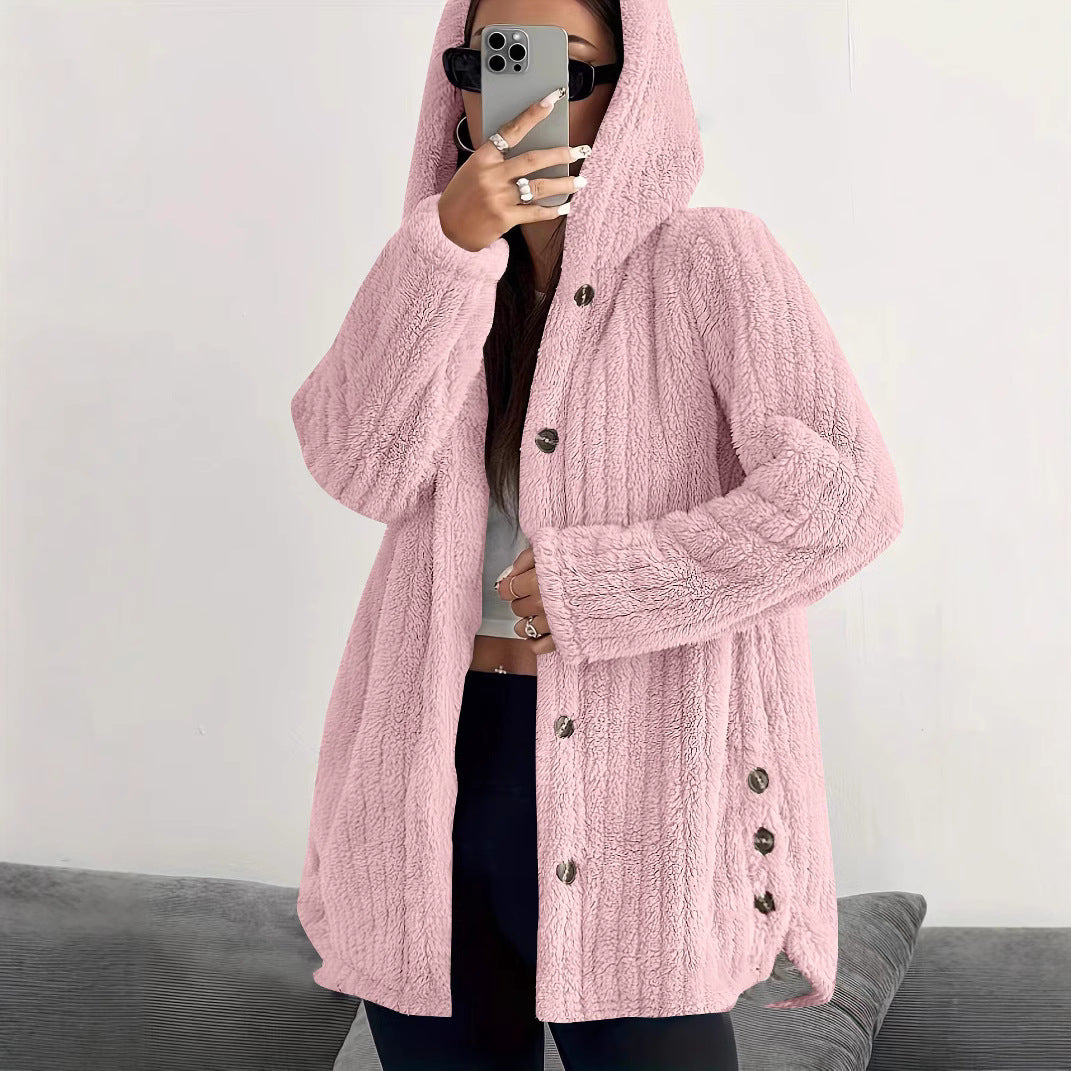 Damen kuschelige Fleecejacke mit Kapuze und Knopfverschluss Drune
