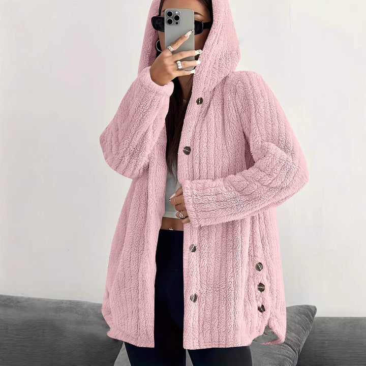 Damen kuschelige Fleecejacke mit Kapuze und Knopfverschluss Drune