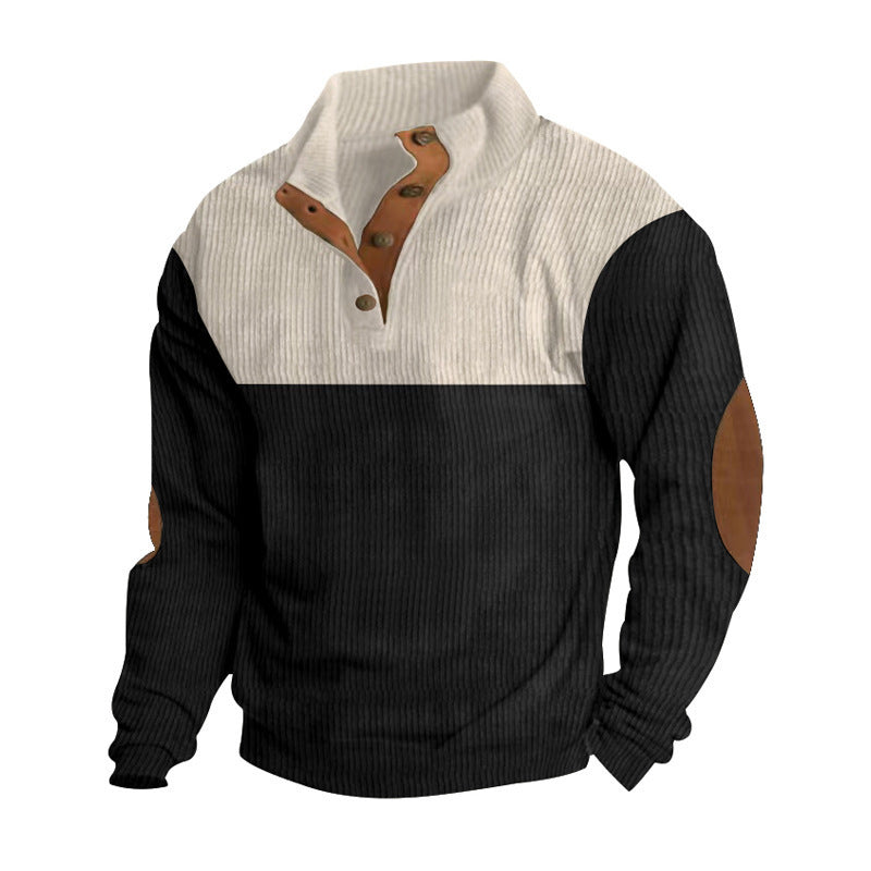 Herren nan strukturiertes Rugby-Pullover mit Stehkragen, Knopfleiste und Leder-Ellenbogenpatches Drune