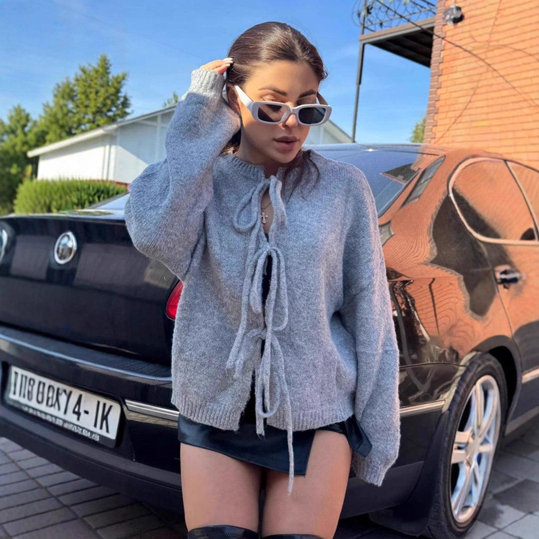 Damen kuschelige Strickjacke mit Bändchen und weit geschnittenen Ärmeln Drune