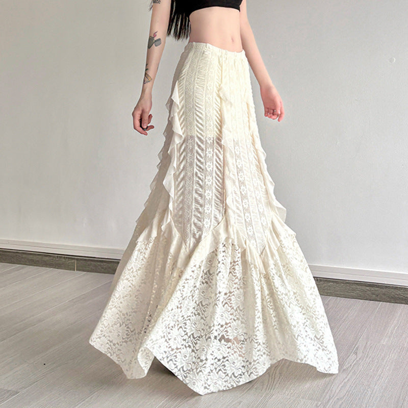 Damen eleganter Maxirock mit raffinierten Rüschen und Spitzenakzenten Drune