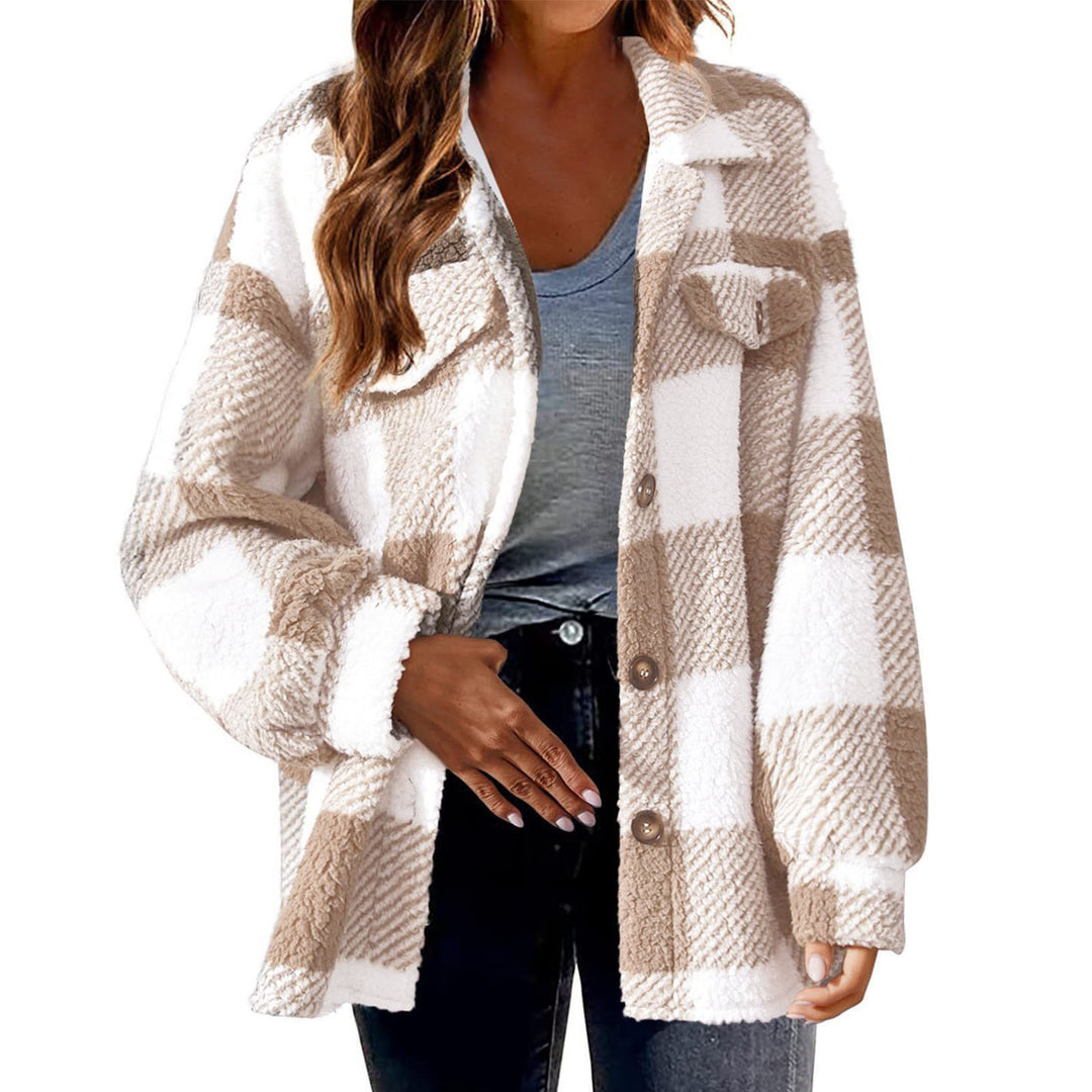 Damen nan kuschelige Sherpa-Karo-Übergangsjacke mit Brusttaschen und großzügigem Oversize-Schnitt Drune