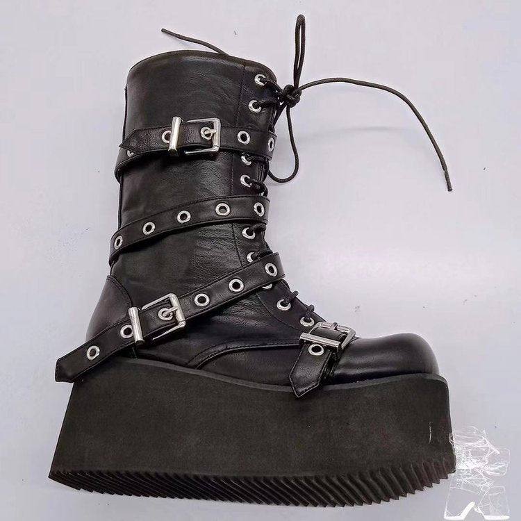 Damen nan hochschaftige Gothic Plateau-Boots mit mehrfachen Metallschnallen, Ösen und seitlichem Reißverschluss Drune