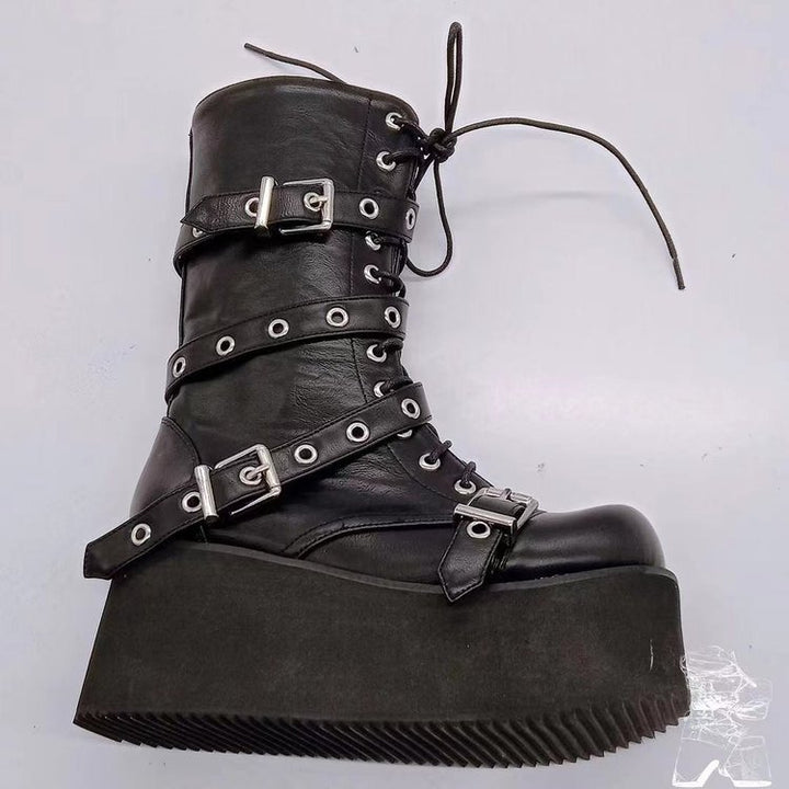 Damen nan hochschaftige Gothic Plateau-Boots mit mehrfachen Metallschnallen, Ösen und seitlichem Reißverschluss Drune