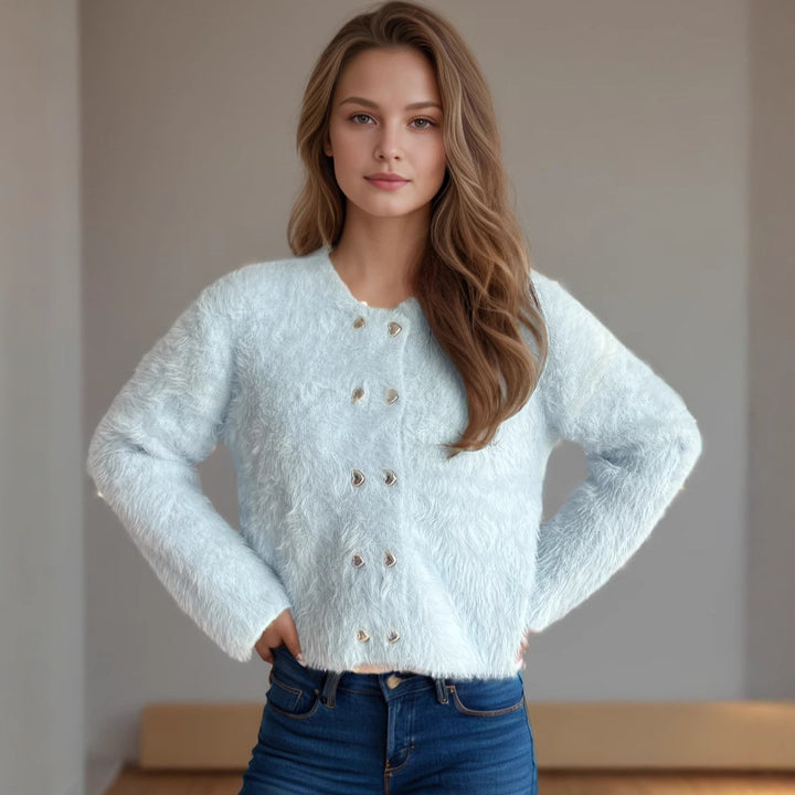 Damen flauschige Strickjacke mit herzförmigen Knöpfen und lockerer Passform Drune