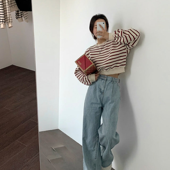 Damen gestreifter lässiger Sweatshirt mit Puffärmeln Drune
