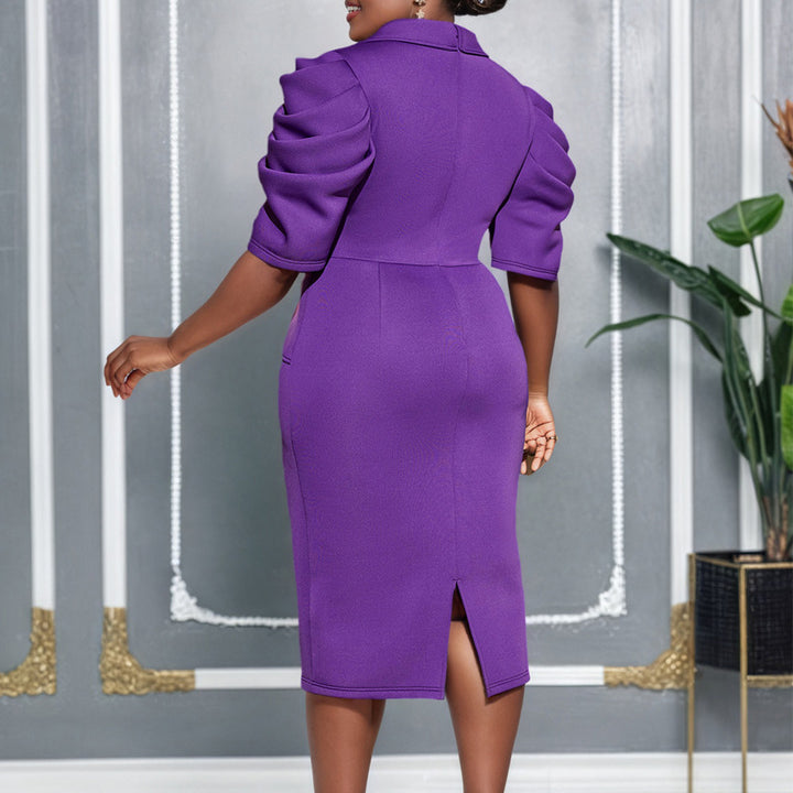 Damen Elegantes Business-Kleid mit stilvollem Wickel-Design und Puffärmeln Drune