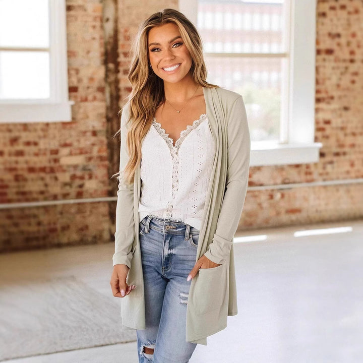 Damen langer Cardigan mit offenen Front und Taschen Drune
