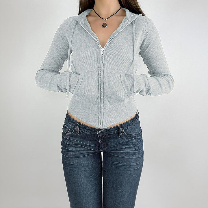 Damen nan schmal geschnittene Feinstrick-Hoodiejacke mit Metallzipper, Kängurutaschen und Daumenlochbündchen Drune