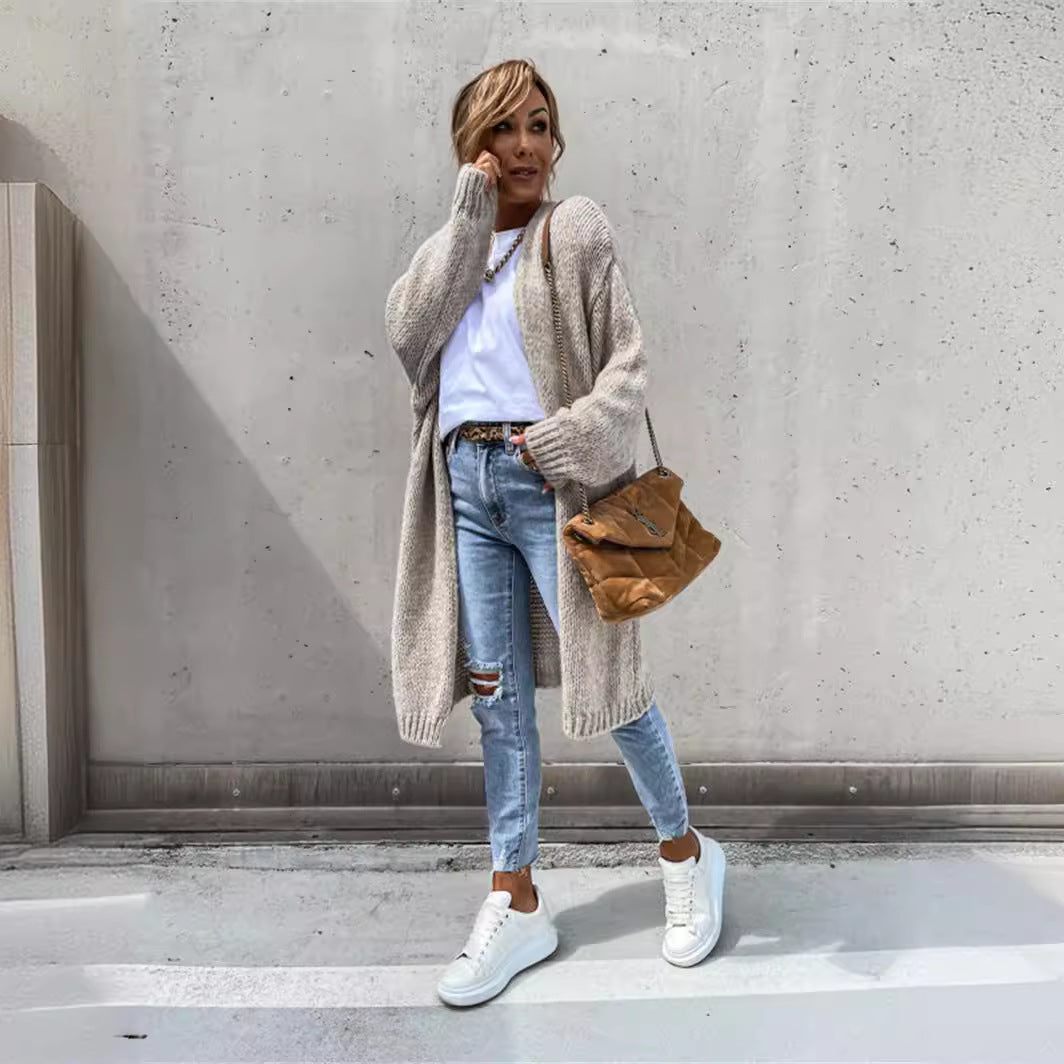 Damen lange Strickjacke mit lässigem Schnitt und weichen Texturen Drune