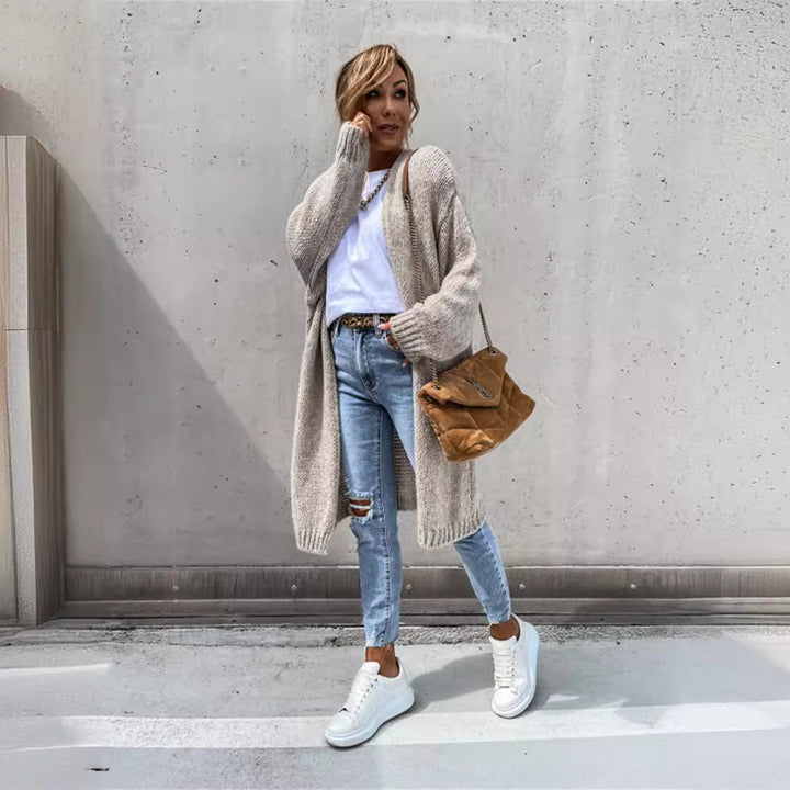 Damen lange Strickjacke mit lässigem Schnitt und weichen Texturen Drune