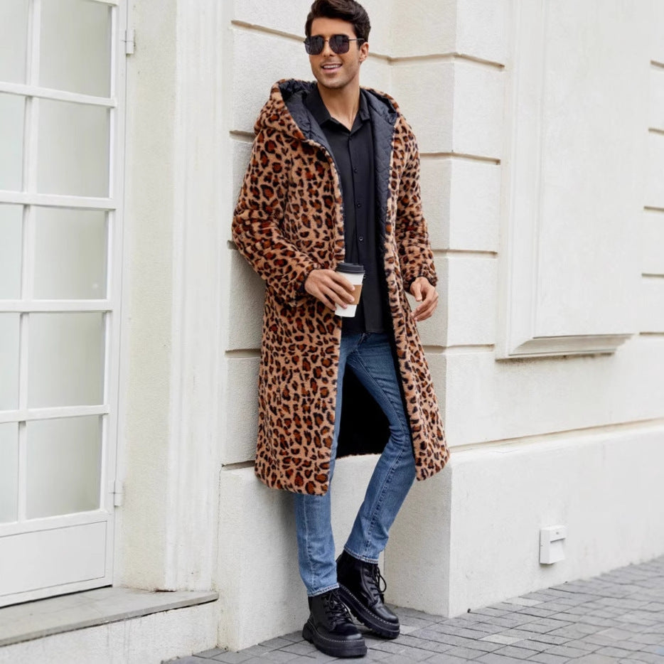 Herren Eleganter Kunstfellmantel mit Leopardenmuster Drune