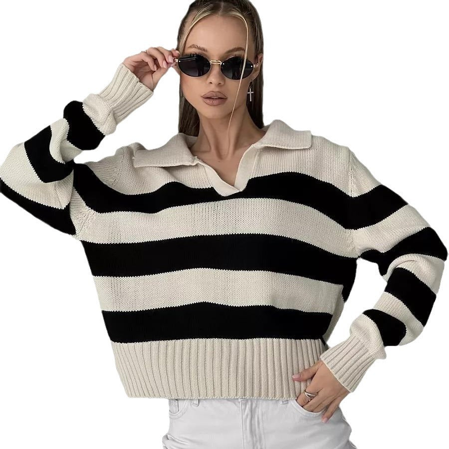 Damen Oversized Pullover mit klassischem Kragen und gestreiftem Design Drune