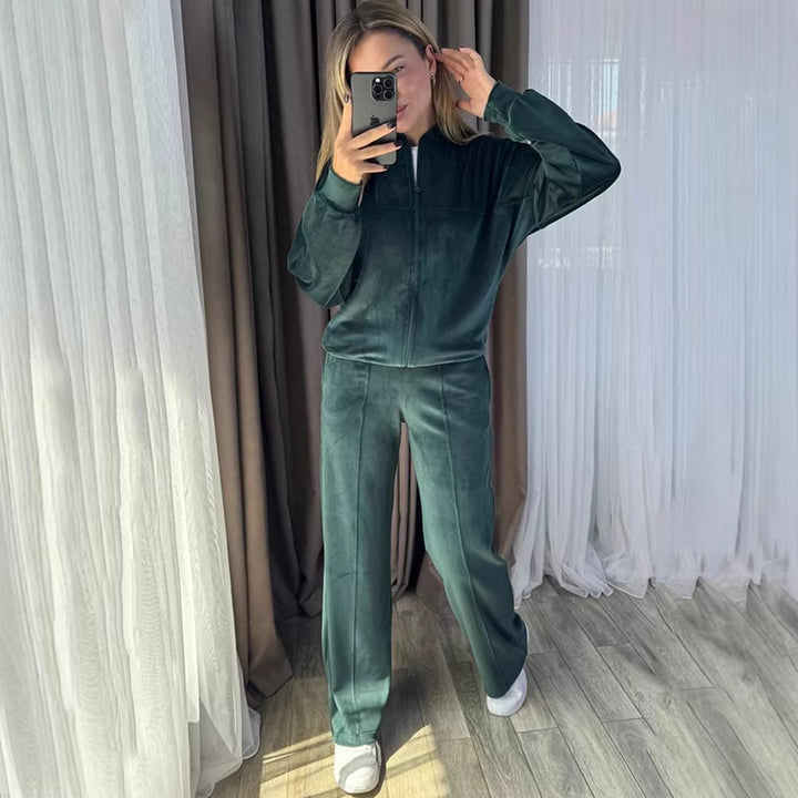 Damen Sportlicher Velours-Jogginganzug mit hohem Kragen und praktischen Taschen Drune