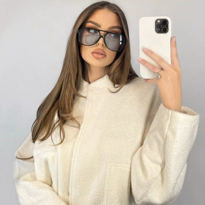 Damen lässige Fleecejacke mit geräumigen Taschen und elastischem Saum Drune