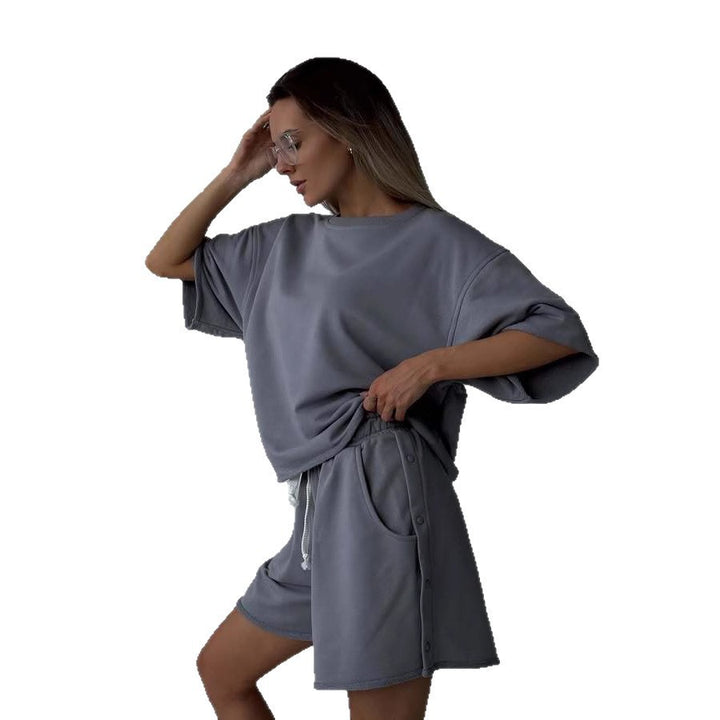 Damen lässiges Oberteil und Shorts-Set mit Knopfdetails Drune