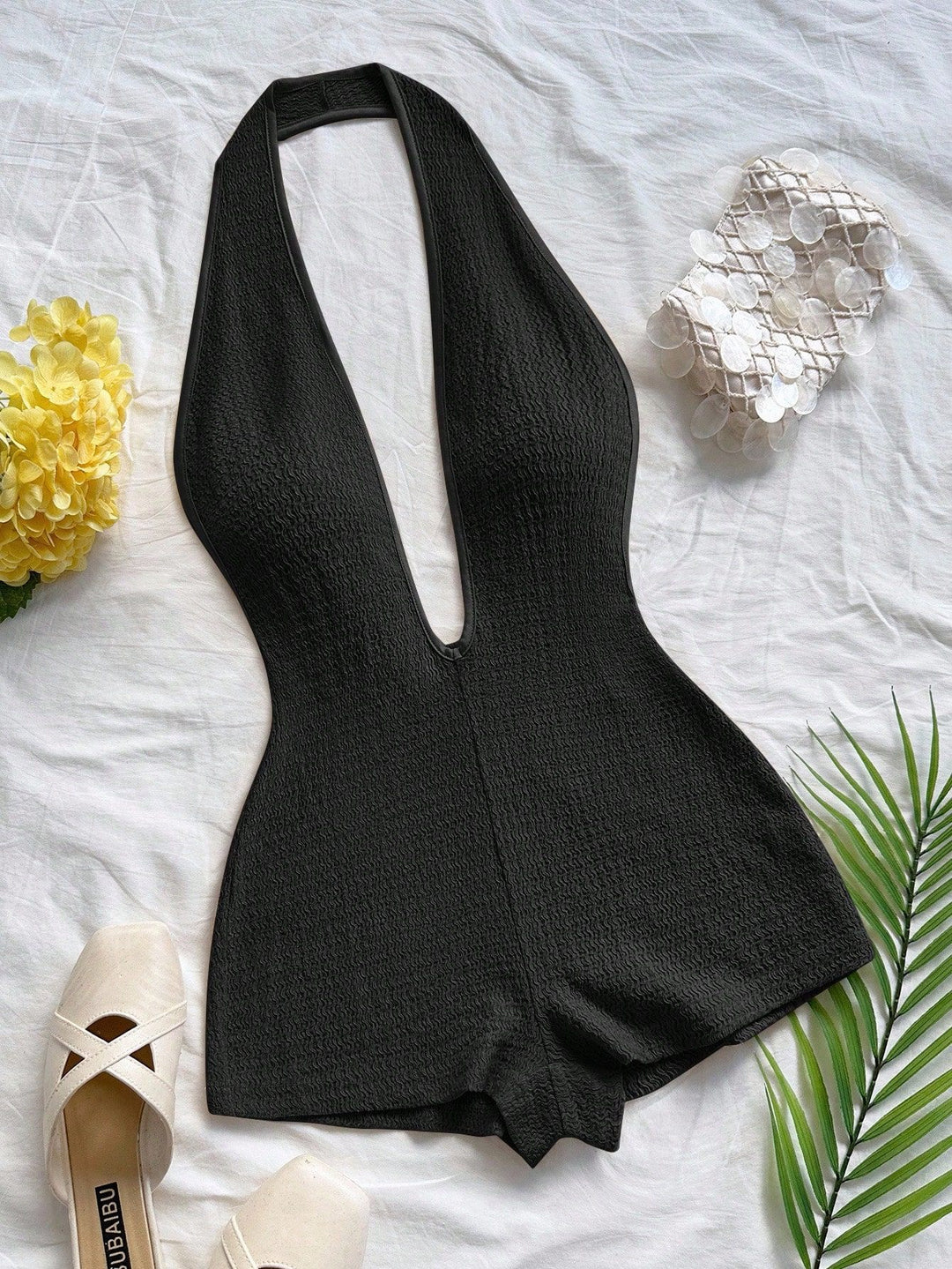 Damen Bodysuit mit tiefem V-Ausschnitt und strukturierter Oberfläche Drune