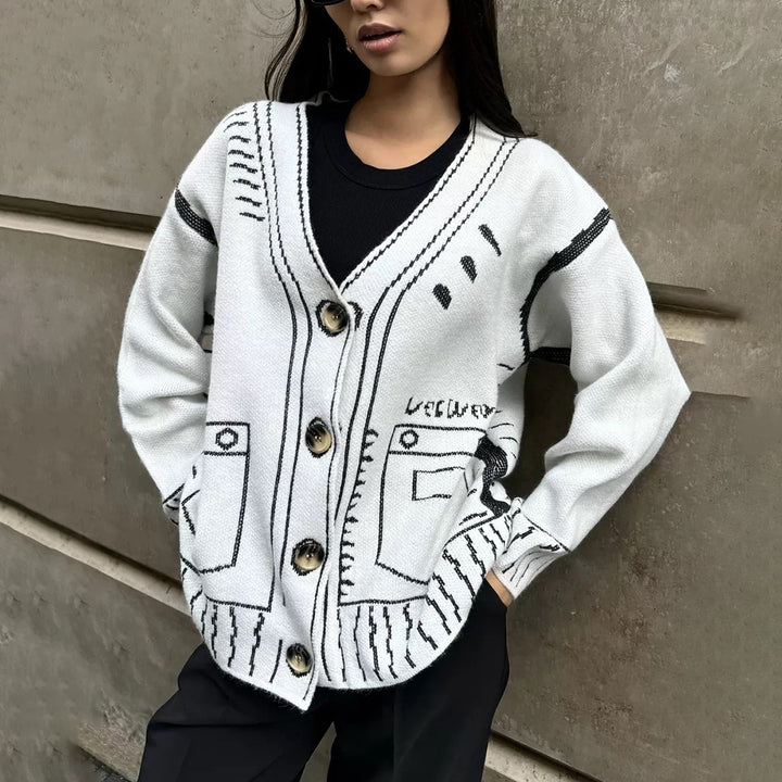 Damen Designer-Strickjacke mit auffälligem geometrischem Muster und großen Knöpfen Drune