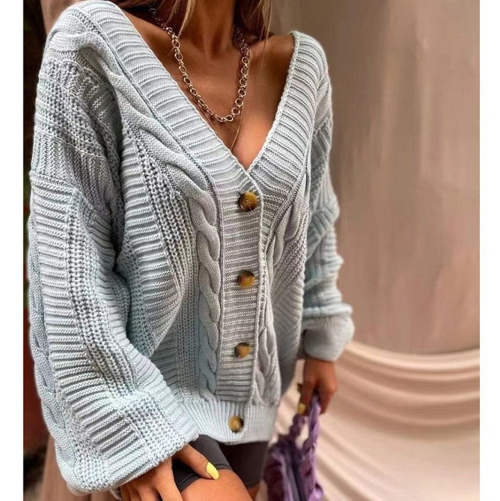 Damen Strickjacke mit tiefem V-Ausschnitt und einzigartigem Zopfdesign Drune