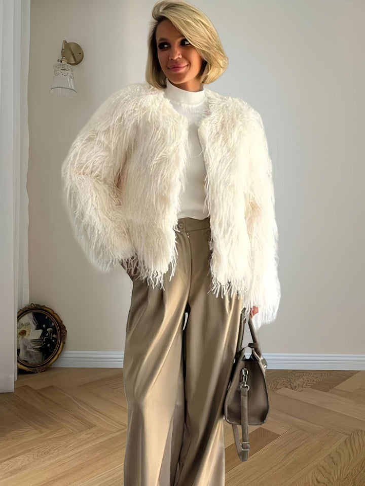Damen Modische Kunstpelzjacke mit voluminösen Ärmeln Drune