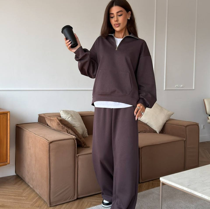 Damen sportlicher Pullover mit halbem Reißverschluss und weiten Hosen Drune