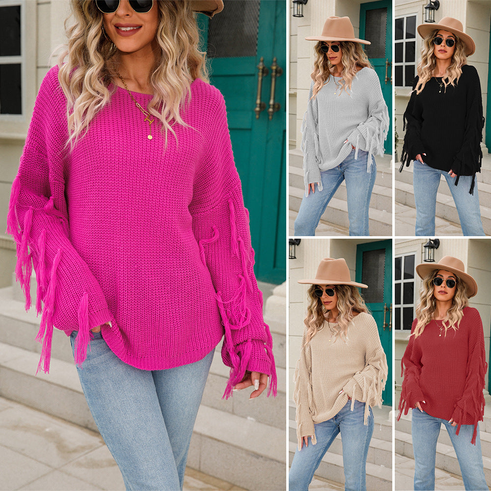 Damen lässiger Strickpullover mit Fransen und weitem Schnitt Drune
