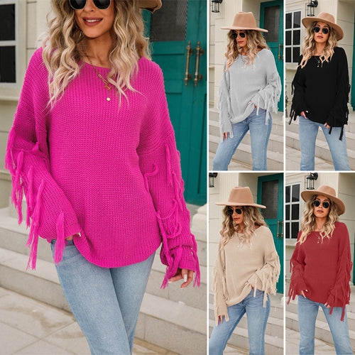 Damen lässiger Strickpullover mit Fransen und weitem Schnitt Drune