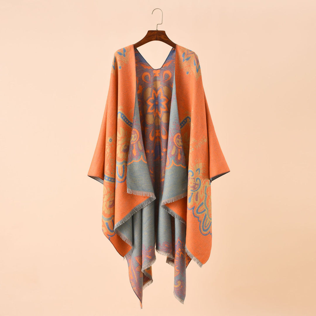 Damen Eleganter Kimono-Poncho mit kunstvollem Muster und fransigen Kanten Drune