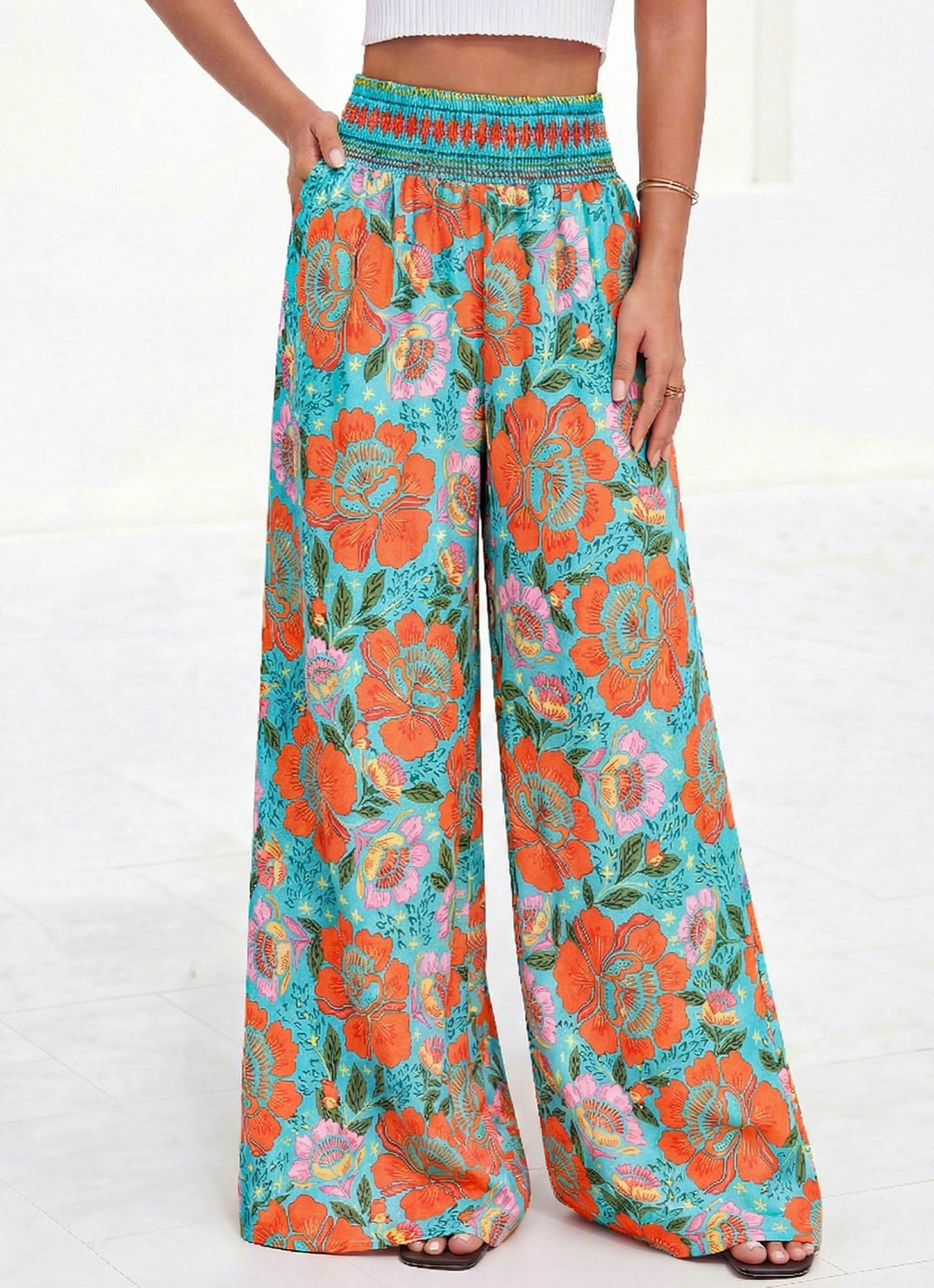 Damen luftige Palazzo-Hose mit floralen Mustern und elastischem Bund Drune