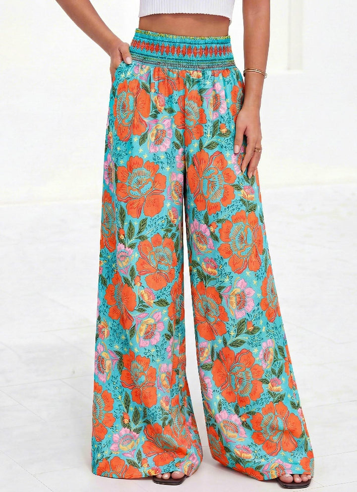 Damen luftige Palazzo-Hose mit floralen Mustern und elastischem Bund Drune