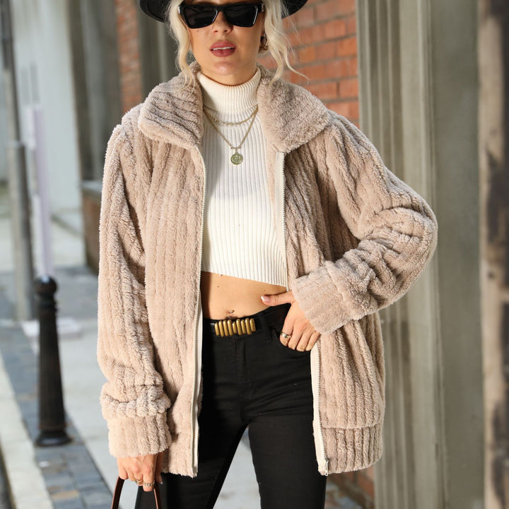 Drune | Zip-Up Teddy-Jacke - Gerippte Textur - Übergroßer Schnitt - Kälteschutz
