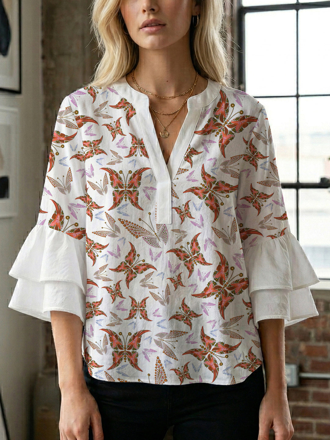 Damen Bluse mit voluminösen Rüschenärmeln und kreativem Floraldesign Drune