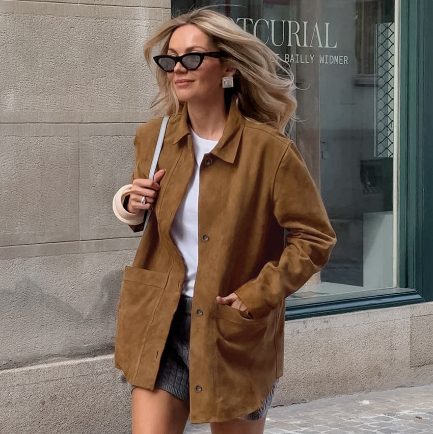 Damen Modischer Wildlederblazer mit praktischen Taschen Drune