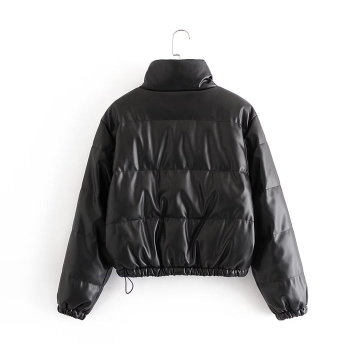 Damen gesteppte Kunstlederjacke mit hochschließendem Kragen und elastischen Bündchen Drune