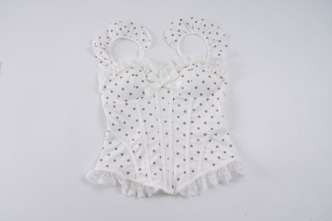 Damen Spitzen-Corsage mit verspieltem Punktdesign und Rüschendetails Drune