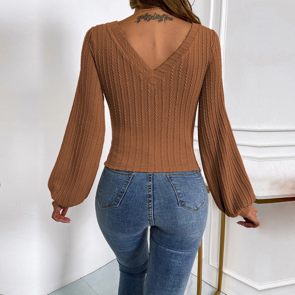 Damen Strickbody mit V-Ausschnitt und eleganten Puffärmeln Drune