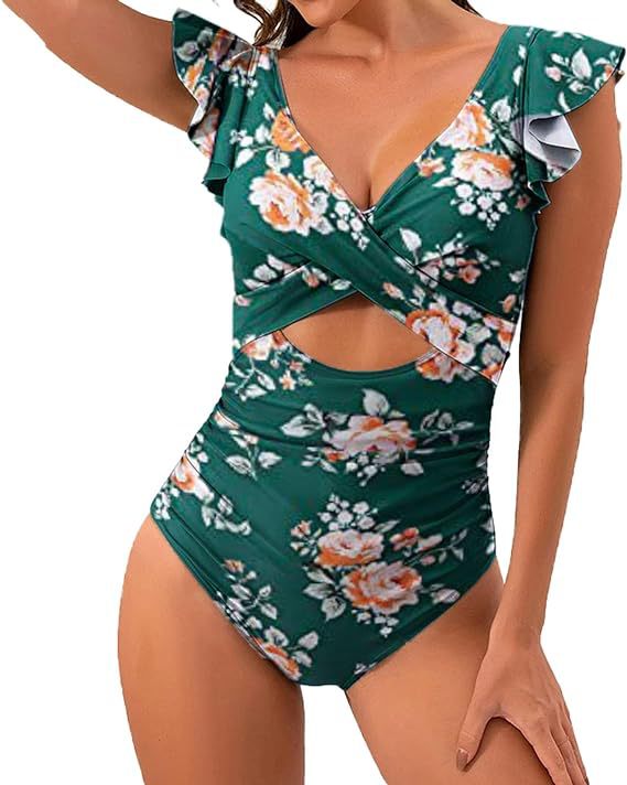 Damen Floral Badeanzug mit schmeichelnder Raffung Drune