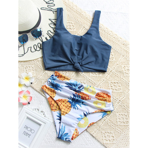 Damen Bikini-Set mit knotenförmigem Oberteil und hohem Bund Drune