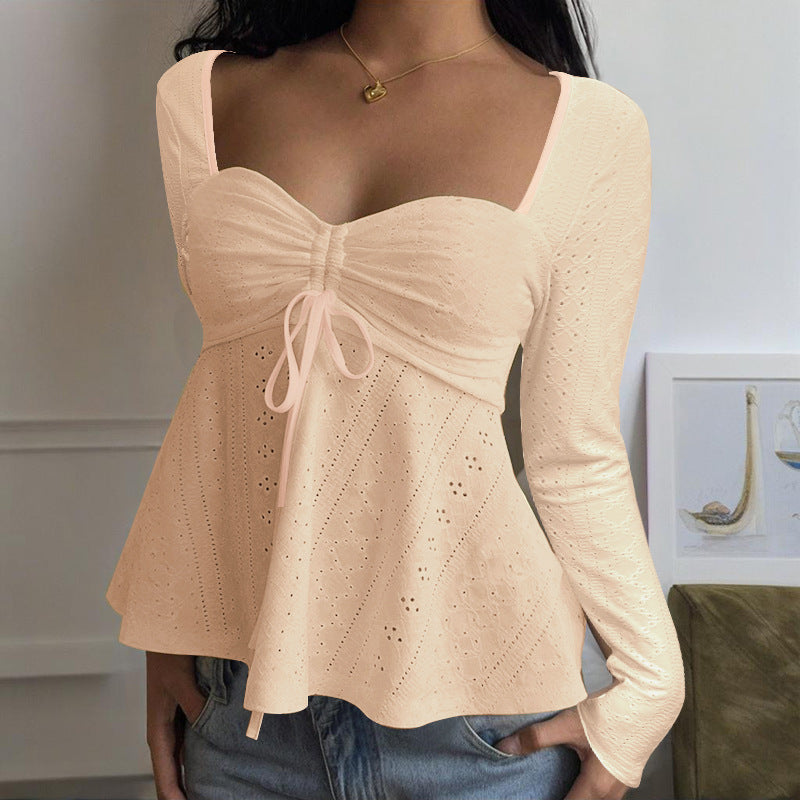 Damen luftiges Blusenshirt mit Rüschendetails und Schnürung Drune