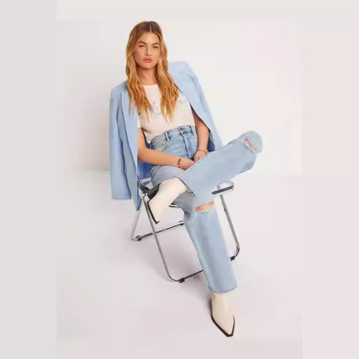 Damen High-Waist Jeans mit fransigem Saum und modischen Rissdetails Drune