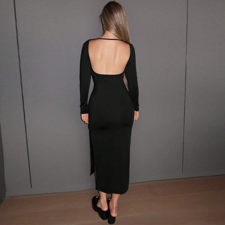 Damen Langarm-Midikleid mit elegantem Schlitz und figurbetontem Schnitt Drune