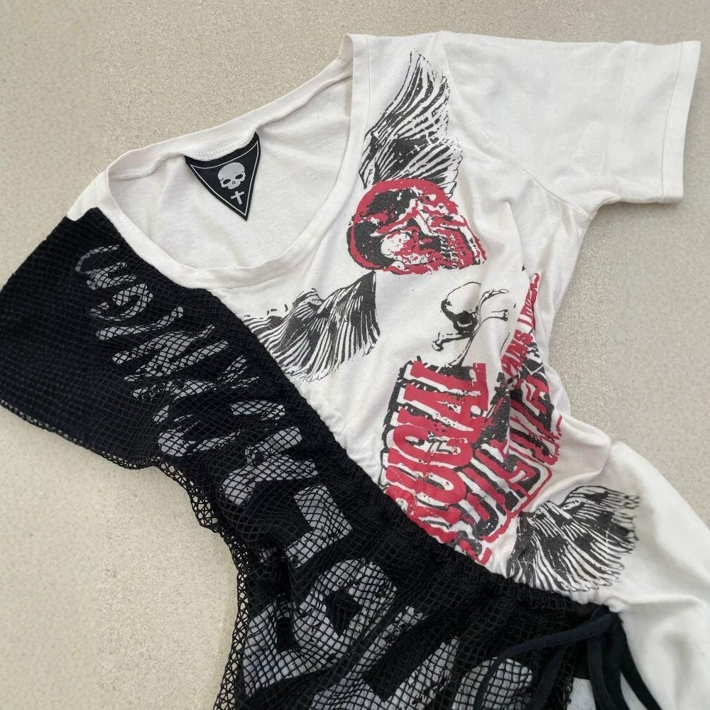 Damen lässiges T-Shirt mit einzigartigem Grafikdesign und sportlichem Mesh-Einsatz Drune