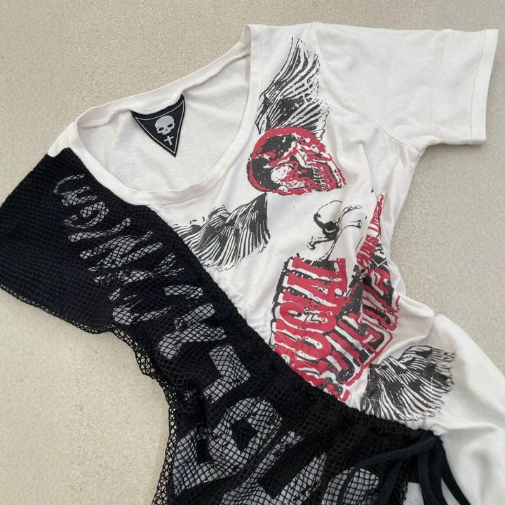 Damen lässiges T-Shirt mit einzigartigem Grafikdesign und sportlichem Mesh-Einsatz Drune