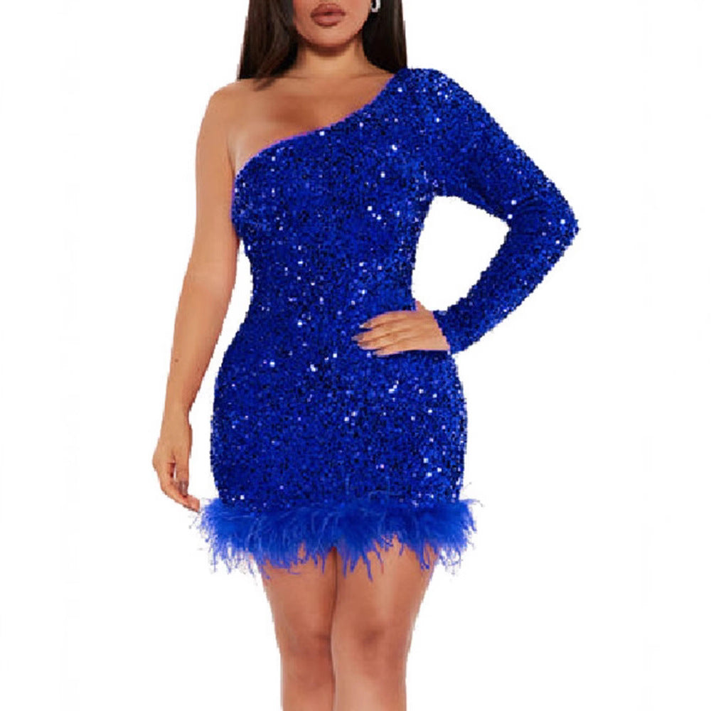 Damen Pailletten-Minikleid mit asymmetrischem Schnitt und Federn Drune