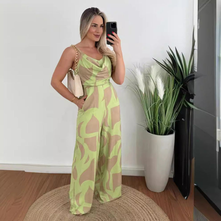 Damen Jumpsuit mit elegantem Wasserfall-Ausschnitt und weitem Bein Drune