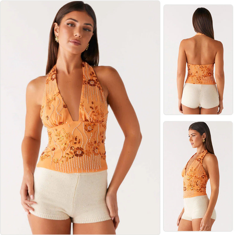 Damen Haltertops mit floralem Design und schimmernden Applikationen Drune