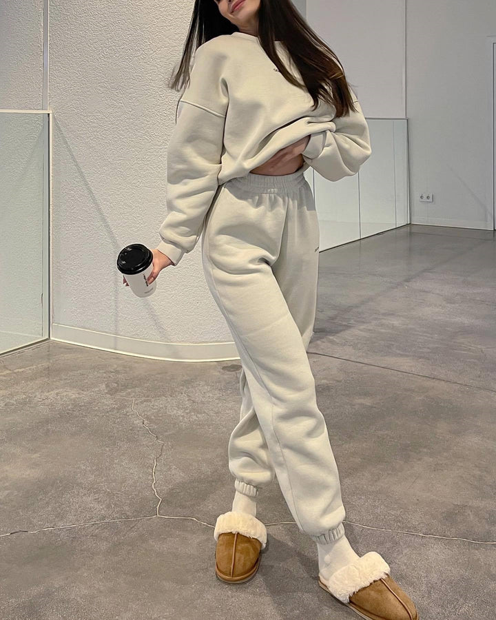 Damen nan Oversized kurz geschnittenes Sweatshirt mit High Waist Fleece Jogginghose Set Drune