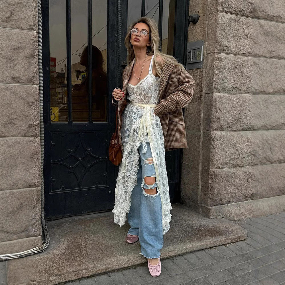 Damen Spitzenkimono mit offener Front und Rüschendetails Drune