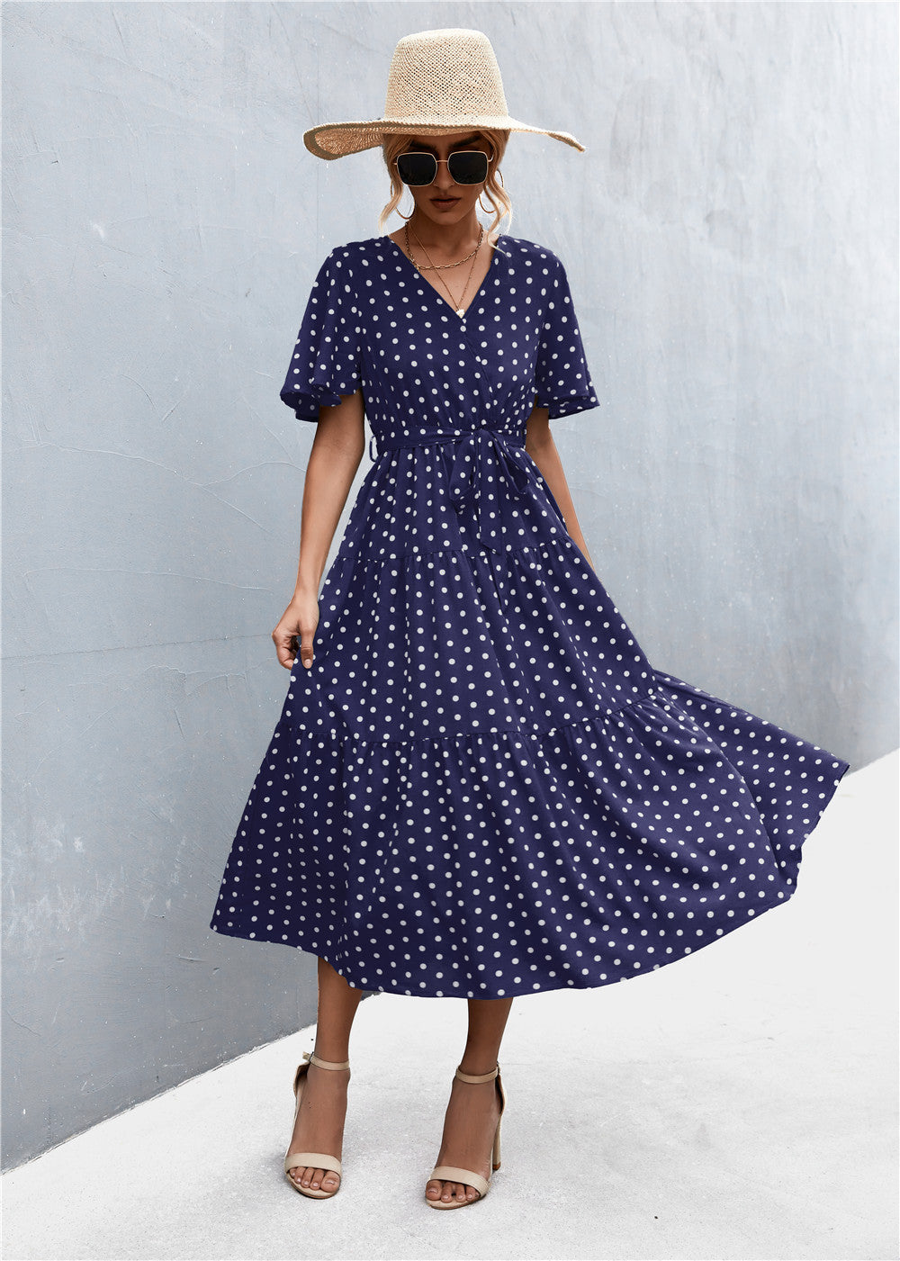 Damen Midikleid mit floralem Design und bindbarem Taillenband Drune