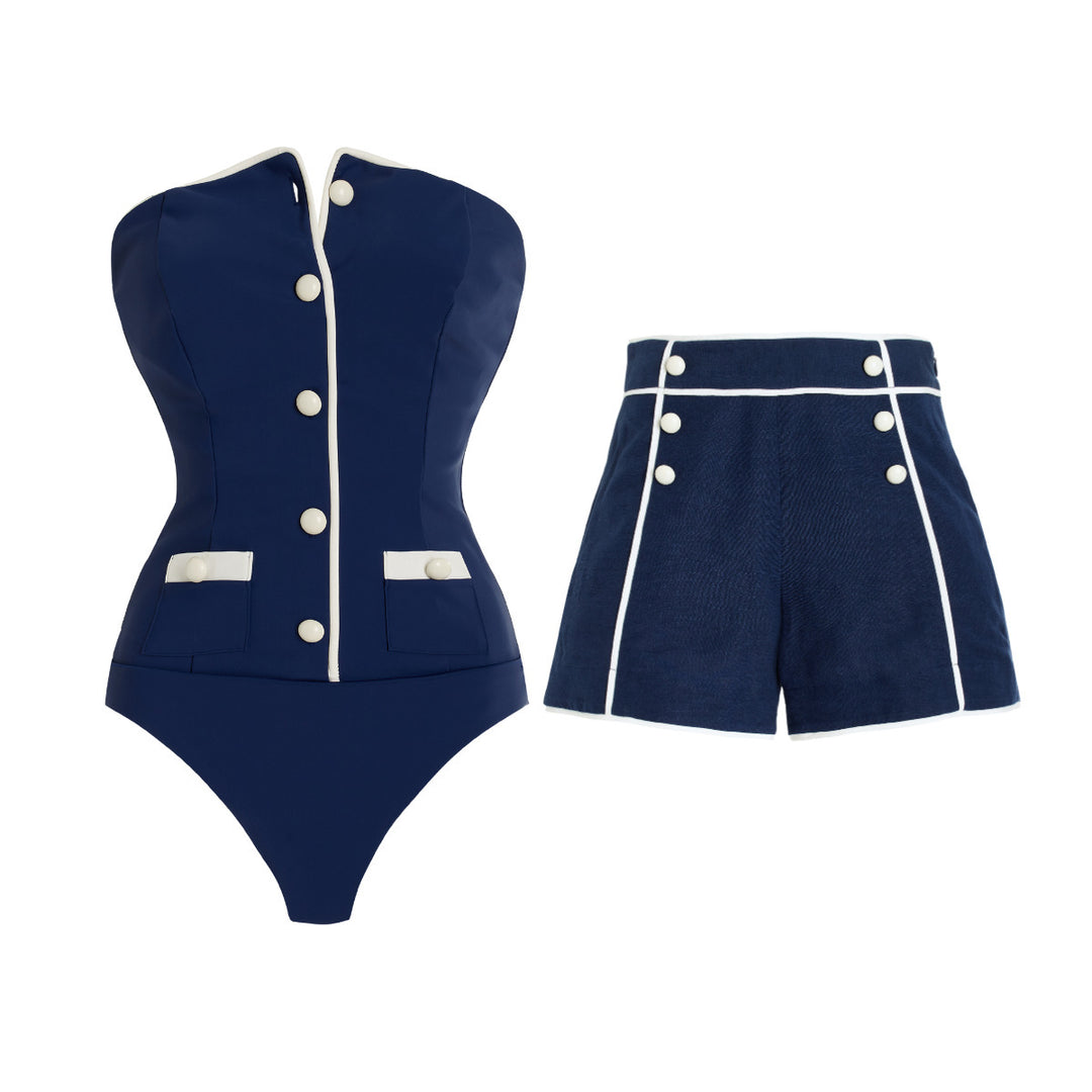 Damen Sportlicher Schwimmanzug mit Langarm und Knopfdetails Drune